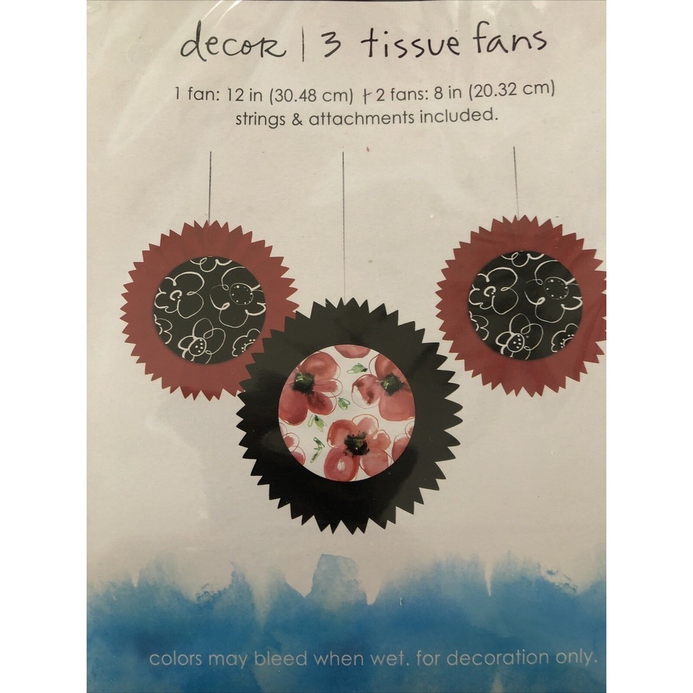 lot of 3 Kathy Davis dangling Decorative Tissue Fans 12" and 8"red black floral
